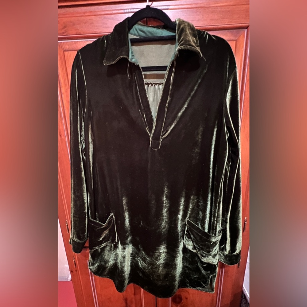 Vintage Green Velour Shirt Dress, 100% Cotton with pockets